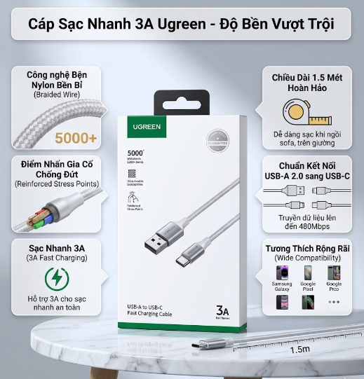 Cáp Sạc Nhanh USB-A 2.0 Sang Type-C Dài 1.5M UGREEN 60132 - Hỗ Trợ Sạc Nhanh 3A, Dây Dù Bền Bỉ